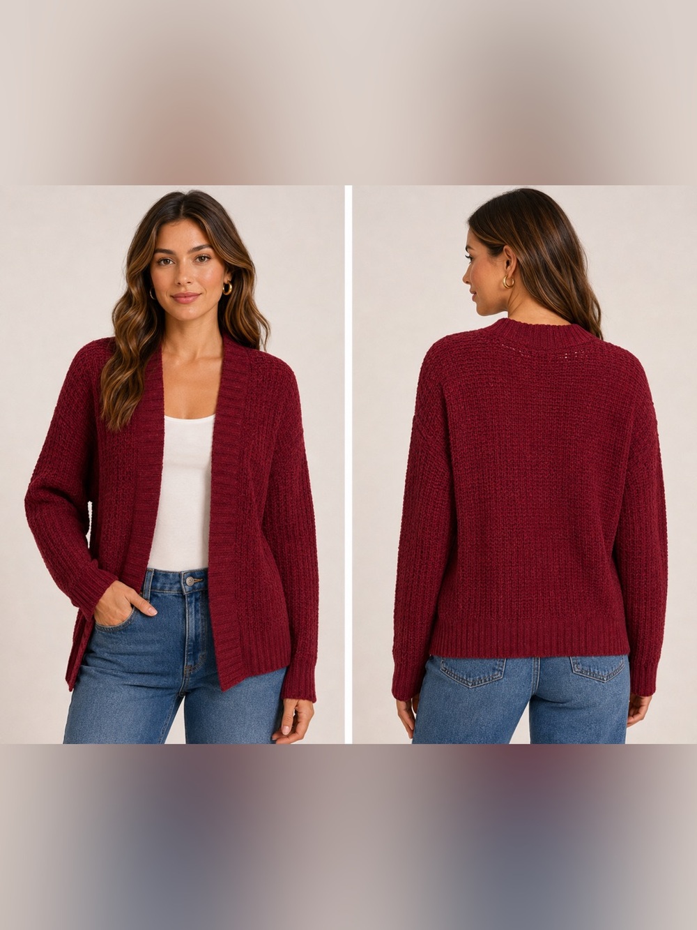 Time and Tru Wine Burgundy Chenille Open Front Cardigan L NWT